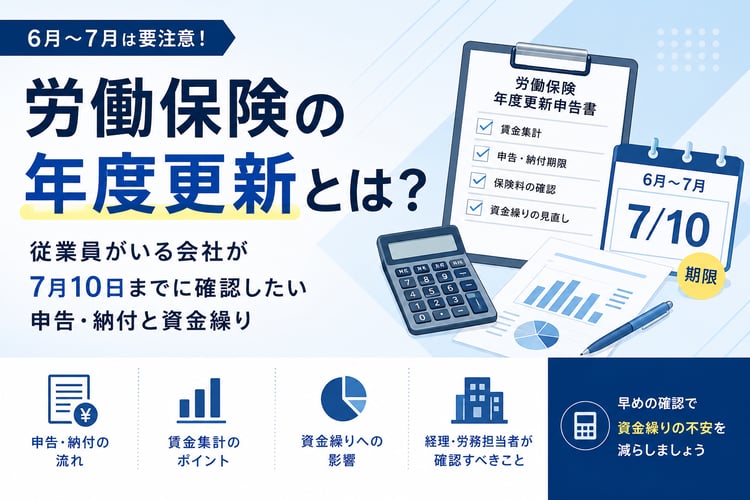 中小企業の社長と経理担当者が、労働保険の年度更新資料・賃金台帳・資金繰り表を確認しているビジネス向けイラスト。