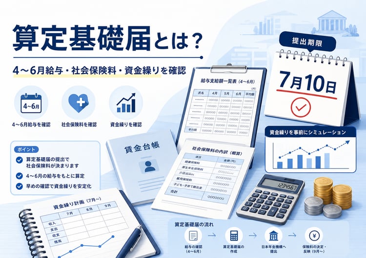 中小企業の社長と経理担当者が、4〜6月給与・賃金台帳・社会保険料の資料を確認しているビジネス向けイラスト。
