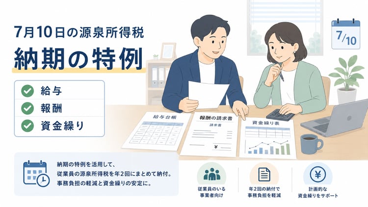 中小企業の社長と経理担当者が、7月10日の源泉所得税納付に向けて、給与台帳・報酬請求書・資金繰り表を確認している横長のビジネス向けイラスト