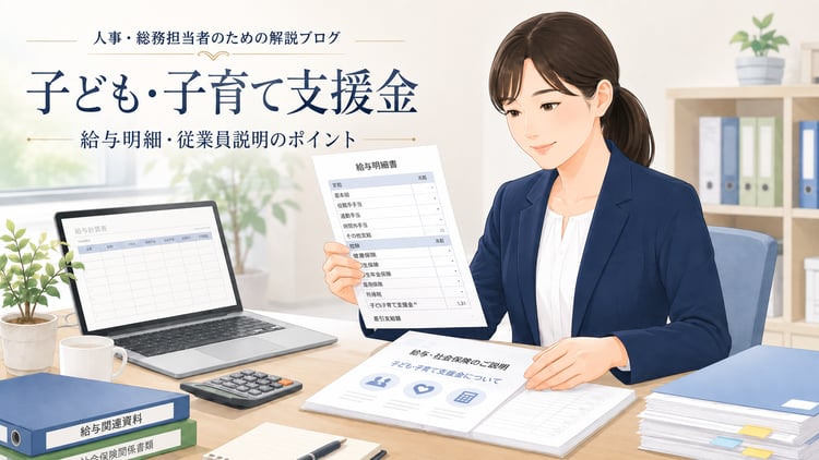 給与明細を確認しながら、経理担当者が従業員への説明文を整理している中小企業のオフィス風景。 やわらかく信頼感のある雰囲気で、給与計算・社会保険・経理体制の確認をイメージできるビジネス向けイラスト。