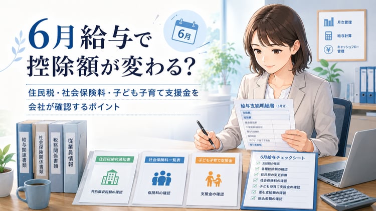 6月給与の控除確認をテーマに、経理担当者が給与明細・住民税通知書・社会保険料一覧を見ながらチェックしている中小企業のオフィス風景。 落ち着いた信頼感のあるビジネス向けイラストで、給与計算、控除チェック、月次管理、資金繰りの確認が伝わる構図。