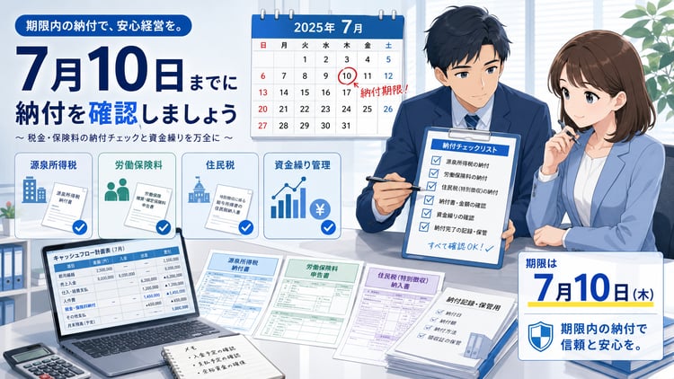 7月10日までの納付確認をテーマに、源泉所得税・労働保険・住民税・資金繰りを一覧で整理している中小企業の経理デスクのイラスト。