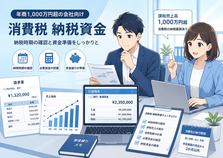 売上1,000万円を超えた中小企業が、消費税の納税資金と資金繰りを確認しているビジネス向けイラスト。 請求書、売上グラフ、預金残高、納税資金のチェックリストを配置し、落ち着いた青系で信頼感のあるデザイン。