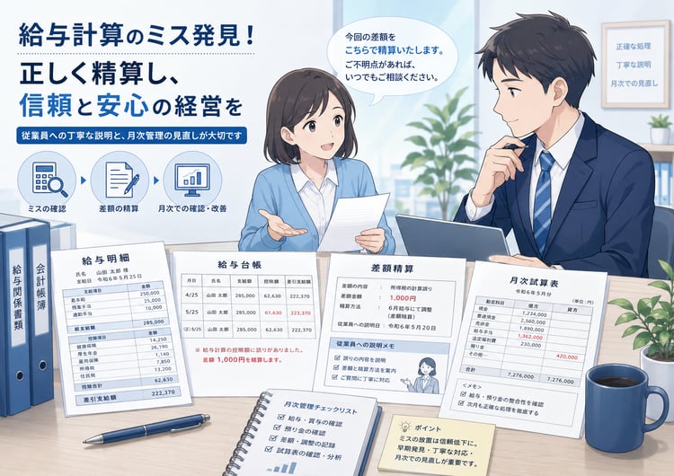 給与計算ミスの確認をテーマに、給与明細・給与台帳・差額精算表・月次試算表を並べて確認している中小企業の経理デスクのイラスト。