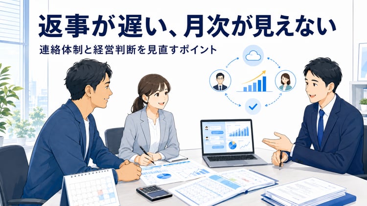 中小企業の社長・経理担当者・税理士または専門家が、オフィスの打ち合わせテーブルで月次試算表、資金繰り表、カレンダー、ノートパソコンのチャット画面を見ながら、連絡体制と月次報告の流れを確認している横長のビジネス向けイラスト。