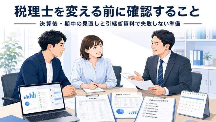 中小企業の社長、経理担当者、税理士または専門家が、オフィスの打ち合わせテーブルで決算書、月次試算表、引継ぎ資料チェックリスト、カレンダー、ノートパソコンを見ながら、税理士変更前の準備について確認している横長のビジネス向けイラスト。