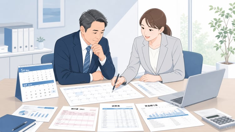 5月・6月の税金支払いと資金繰りを確認する中小企業の社長と経理担当者。カレンダー、納付書、試算表、資金繰り表を机に並べ、落ち着いた雰囲気で相談しているビジネス向けイラスト。