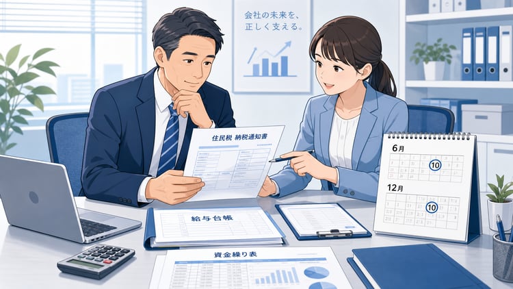 小規模法人の社長と経理担当者が、住民税の通知書・給与台帳・6月10日と12月10日が記されたカレンダーを見ながら納付予定を確認しているビジネス向けイラスト。