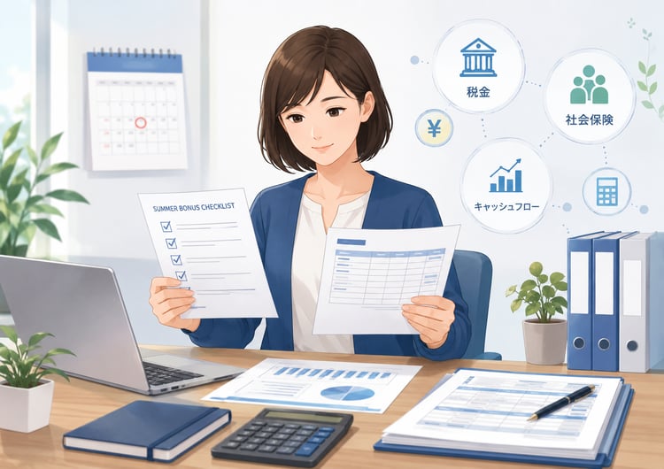 中小企業の経理担当者が、夏季賞与のチェックリストと給与明細を確認している落ち着いたビジネスイラスト