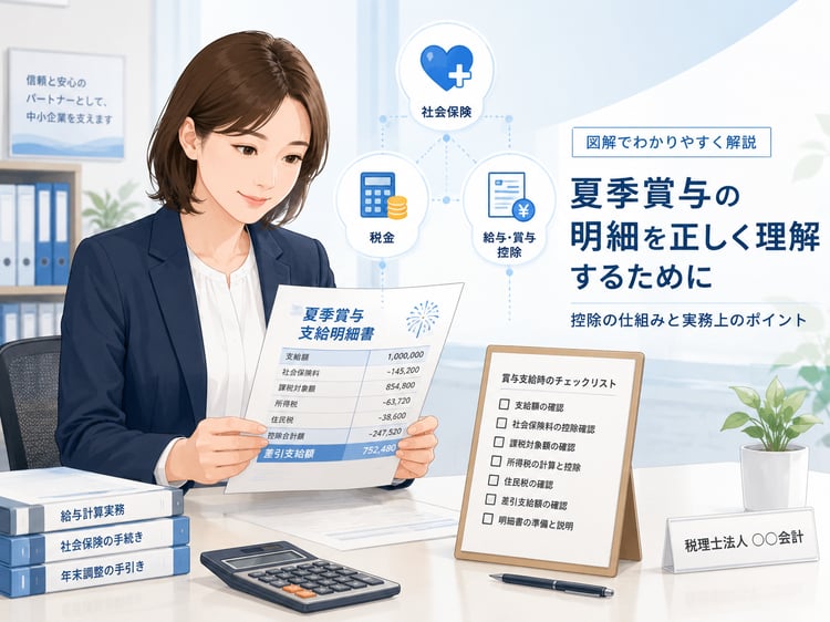 中小企業の経理担当者が、賞与明細と控除項目を確認しながら従業員へ説明する準備をしているビジネスイラスト