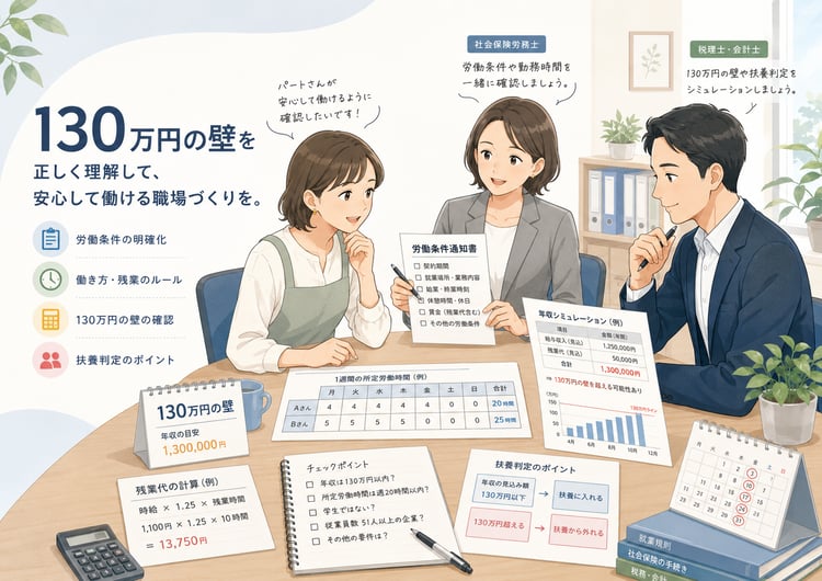 中小企業の経営者と社労士・税務会計の専門家が、パート従業員の労働条件通知書・勤務時間・扶養判定を表で確認している落ち着いたビジネスイラスト