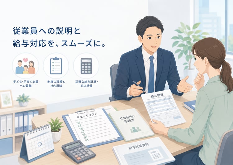 中小企業の経理担当者と専門家が、給与明細・社会保険料・子ども子育て支援金の項目を確認している落ち着いたビジネスイラスト。