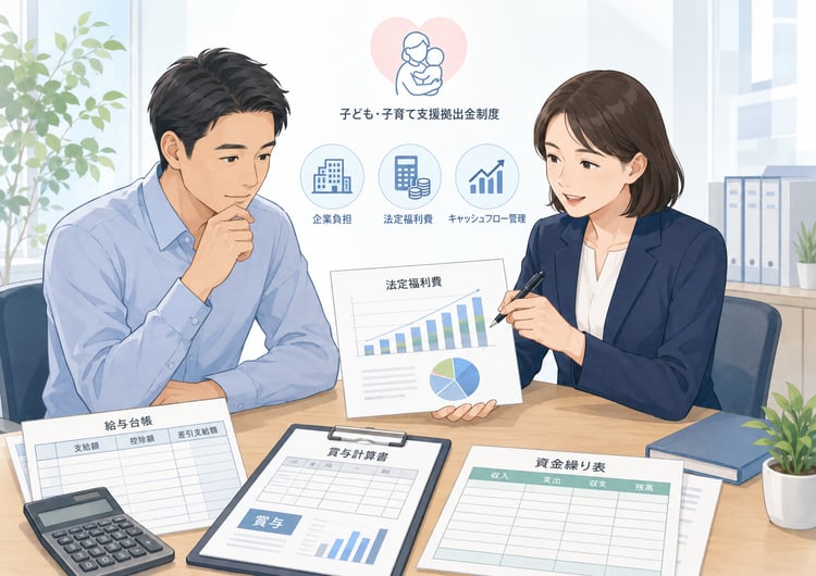 中小企業の経営者と税務・労務の専門家が、子ども・子育て支援金の会社負担、法定福利費、賞与、資金繰りを資料で確認している落ち着いたビジネスイラスト。