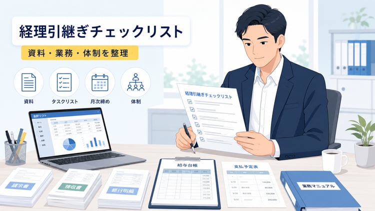 経理担当者の退職後に、社長または管理部長が引継ぎチェックリストを確認しているビジネス向けフラットイラスト。