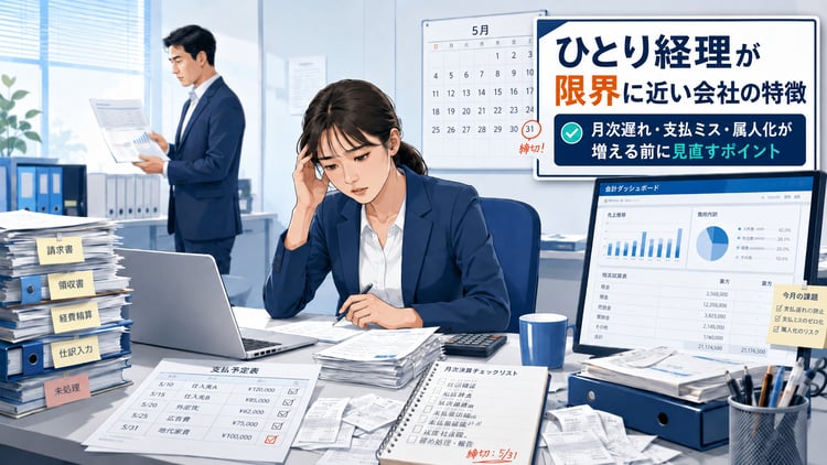 中小企業のオフィスで、経理担当者が大量の請求書・領収書・ノートパソコン・会計ソフト画面に囲まれて悩んでいる。