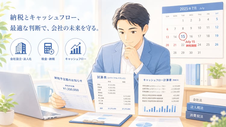 中小企業の経営者がデスクで予定納税通知書と試算表、資金繰り表を見比べながら判断しているビジネスシーン。
