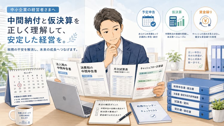 中小企業の経営者が明るいオフィスで、法人税の中間申告書、消費税の中間申告書、月次試算表、資金繰り表を見比べながら、仮決算を検討している人間風の優しいイラスト。