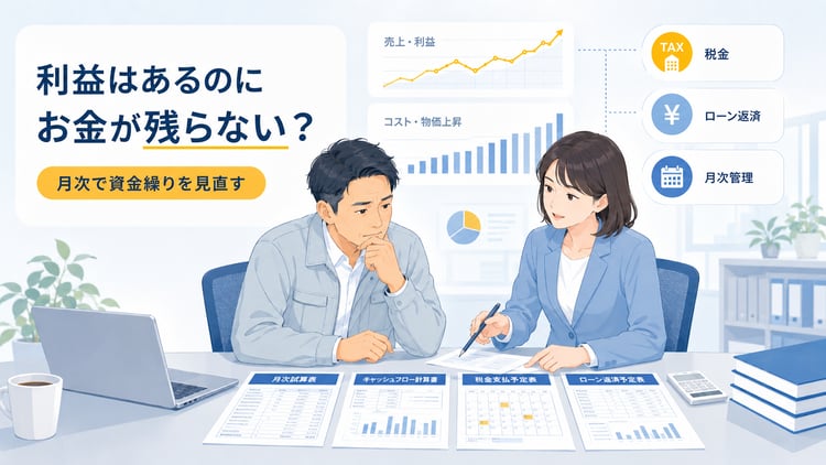 中小企業の経営者と経理担当者が、オフィスで月次試算表、資金繰り表、納税予定表、借入返済予定表を見ながら相談している今風のビジネス向けイラスト。