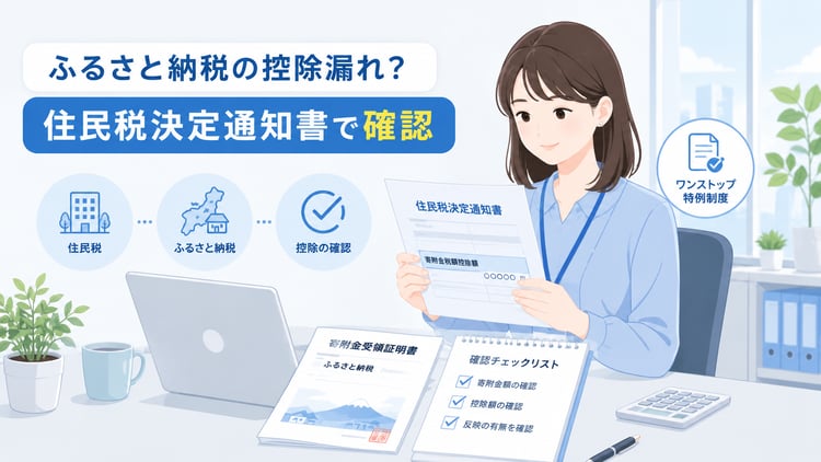 住民税決定通知書とふるさと納税の控除確認をテーマにした、今風のビジネス向けフラットイラスト。会社の経理担当者または従業員が、住民税決定通知書、寄附金受領証明書、ノートPC、チェックリストを見ながら確認している場面