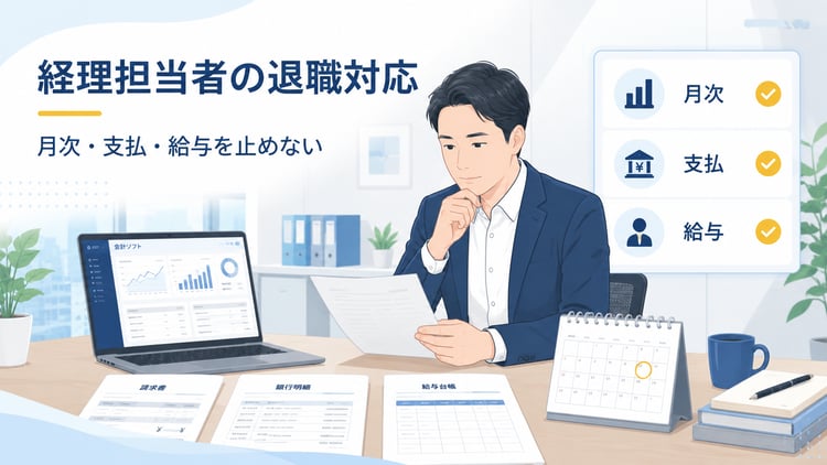 経理担当者の急な退職により、社長または管理部長が月次決算、支払予定、給与計算のチェックリストを確認しているビジネス向けフラットイラスト。