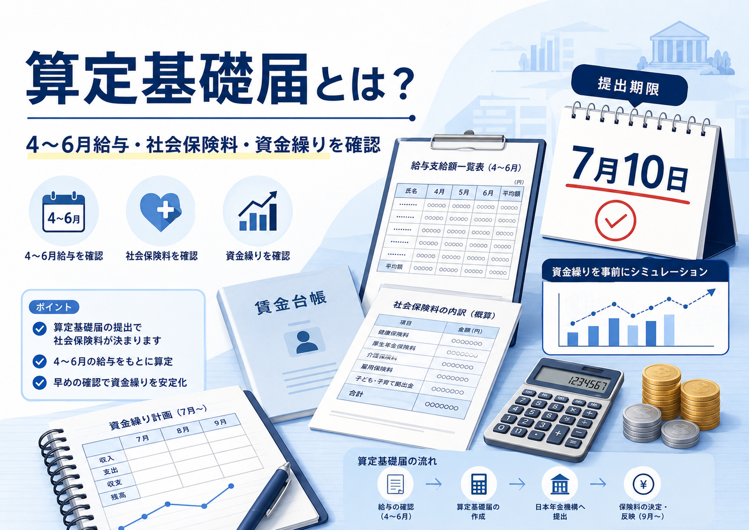 中小企業の社長と経理担当者が、4〜6月給与・賃金台帳・社会保険料の資料を確認しているビジネス向けイラスト。