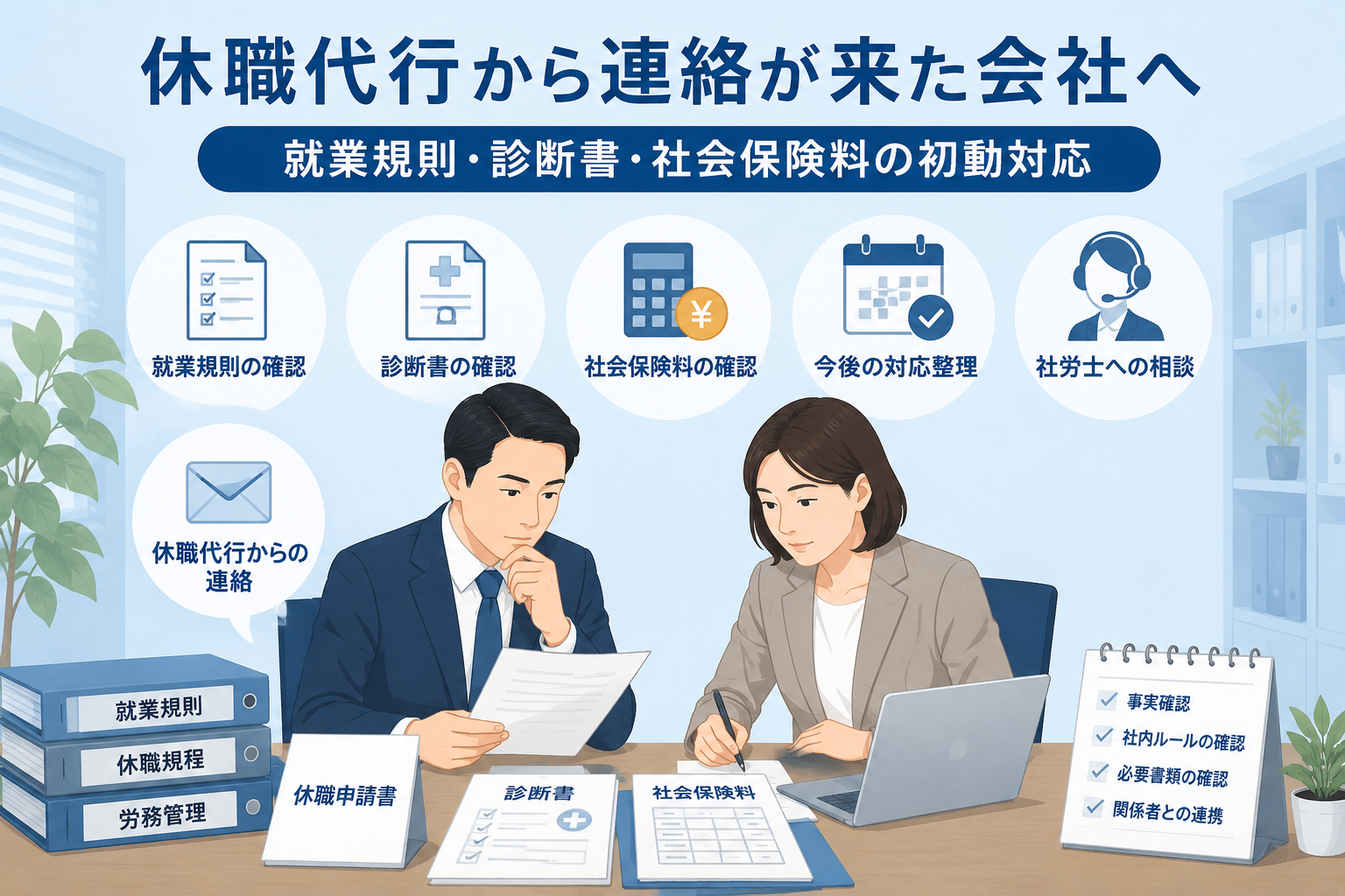 中小企業の社長と労務担当者が、休職連絡・診断書・就業規則・社会保険料の確認資料を落ち着いて整理しているビジネス向けイラスト。