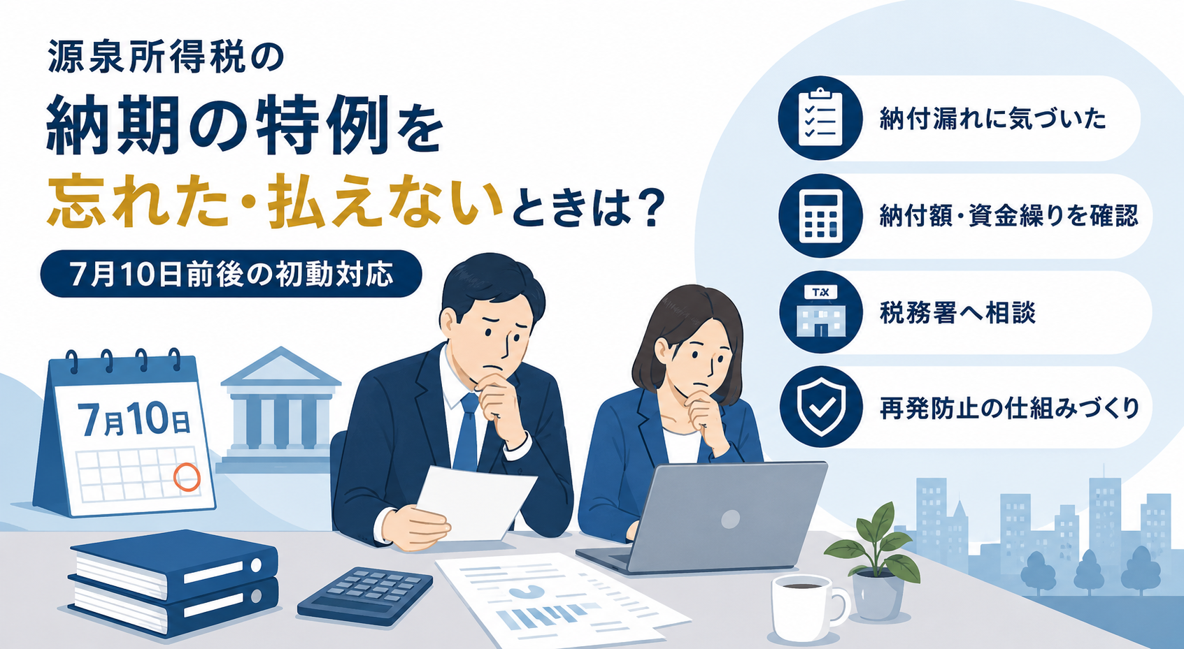 中小企業の社長と経理担当者が、7月10日前後の源泉所得税の納付漏れ・資金不足に気づき、納付書・預金残高・資金繰り表を確認している横長のビジネス向けイラスト。