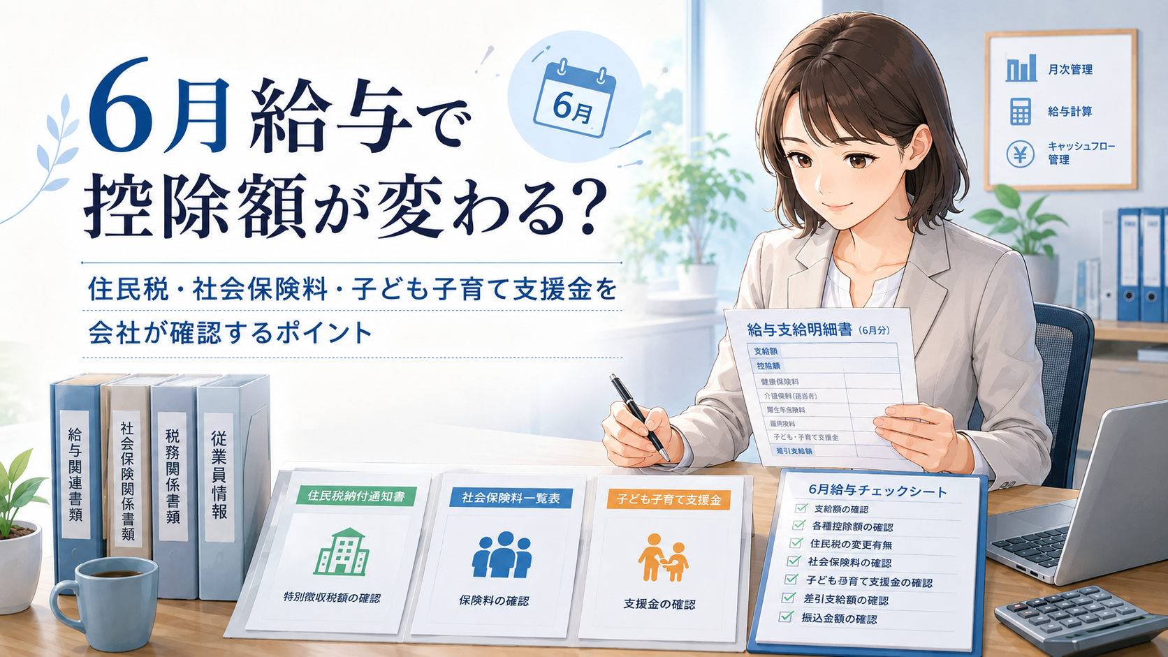 6月給与の控除確認をテーマに、経理担当者が給与明細・住民税通知書・社会保険料一覧を見ながらチェックしている中小企業のオフィス風景。 落ち着いた信頼感のあるビジネス向けイラストで、給与計算、控除チェック、月次管理、資金繰りの確認が伝わる構図。