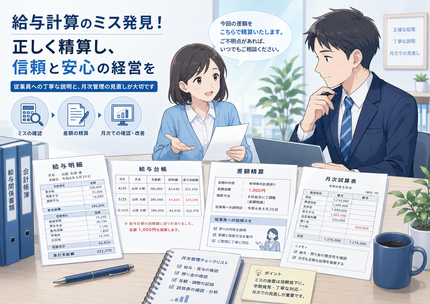 給与計算ミスの確認をテーマに、給与明細・給与台帳・差額精算表・月次試算表を並べて確認している中小企業の経理デスクのイラスト。