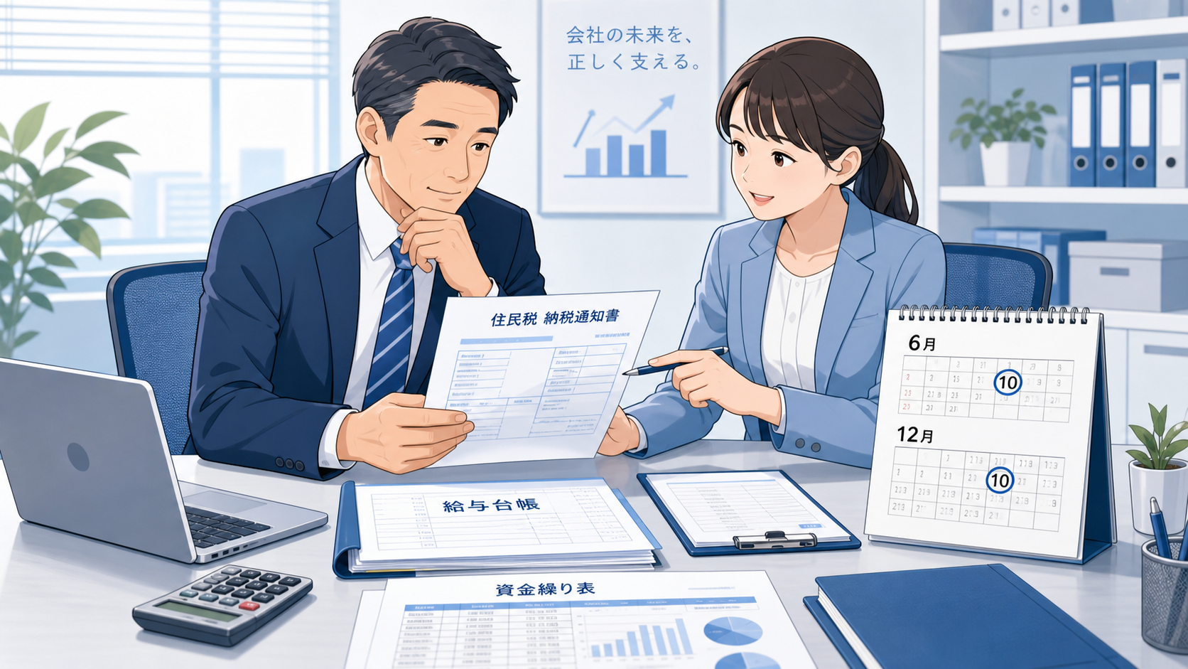 小規模法人の社長と経理担当者が、住民税の通知書・給与台帳・6月10日と12月10日が記されたカレンダーを見ながら納付予定を確認しているビジネス向けイラスト。