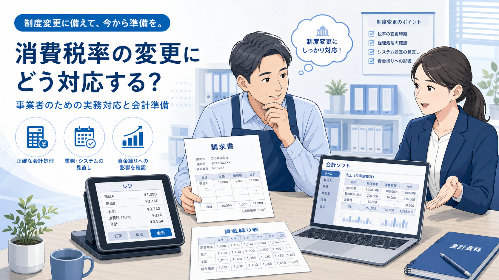 中小企業の社長と経理担当者が、請求書、レジ画面、会計ソフト、資金繰り表を見ながら消費税率変更時の対応を確認しているビジネス向けイラスト