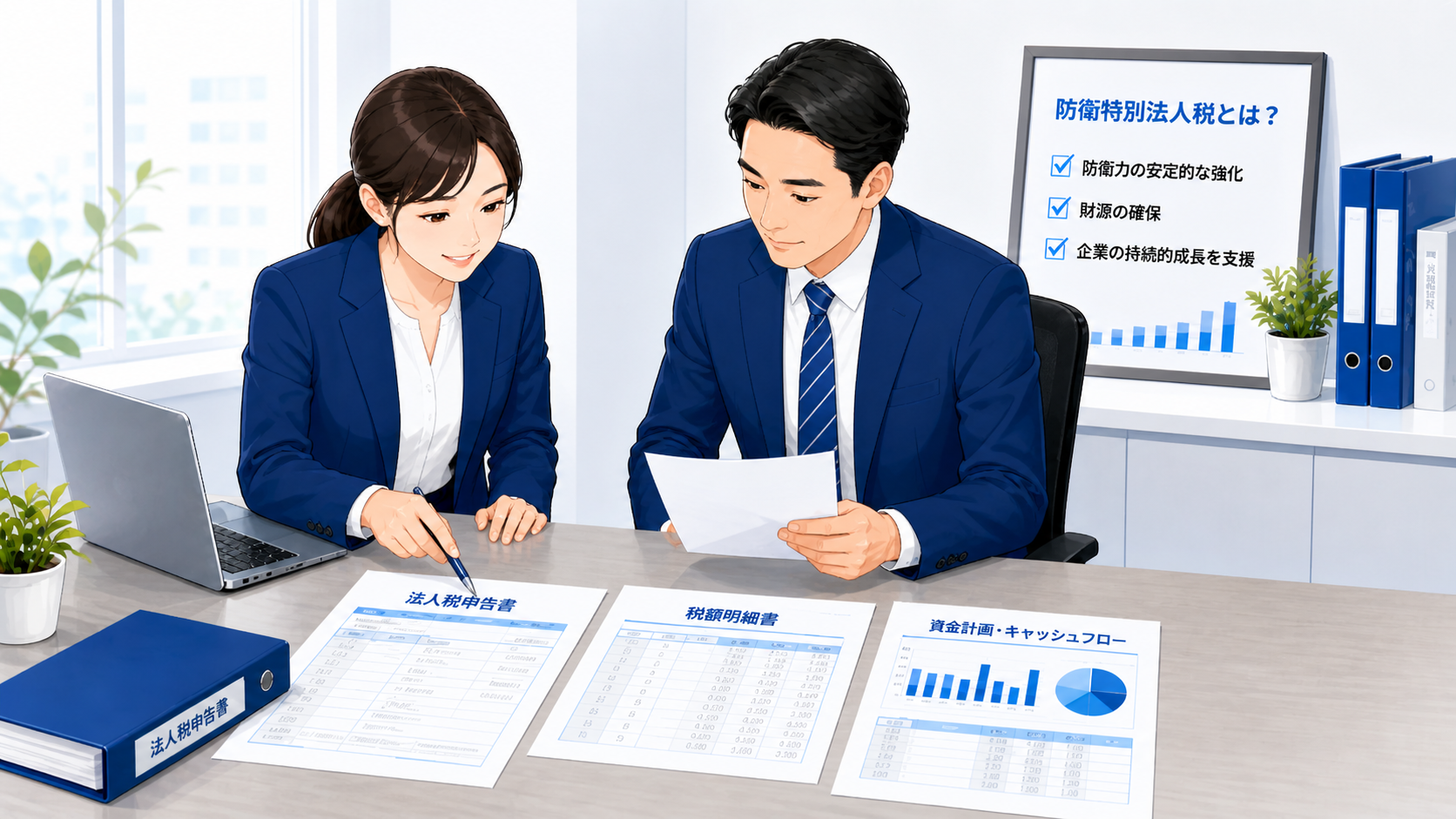 中小企業の社長と経理担当者が、法人税申告書、納税予定表、資金繰り表を見ながら防衛特別法人税の影響を確認しているビジネス向けイラスト
