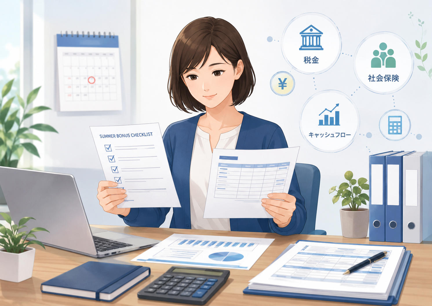 中小企業の経理担当者が、夏季賞与のチェックリストと給与明細を確認している落ち着いたビジネスイラスト