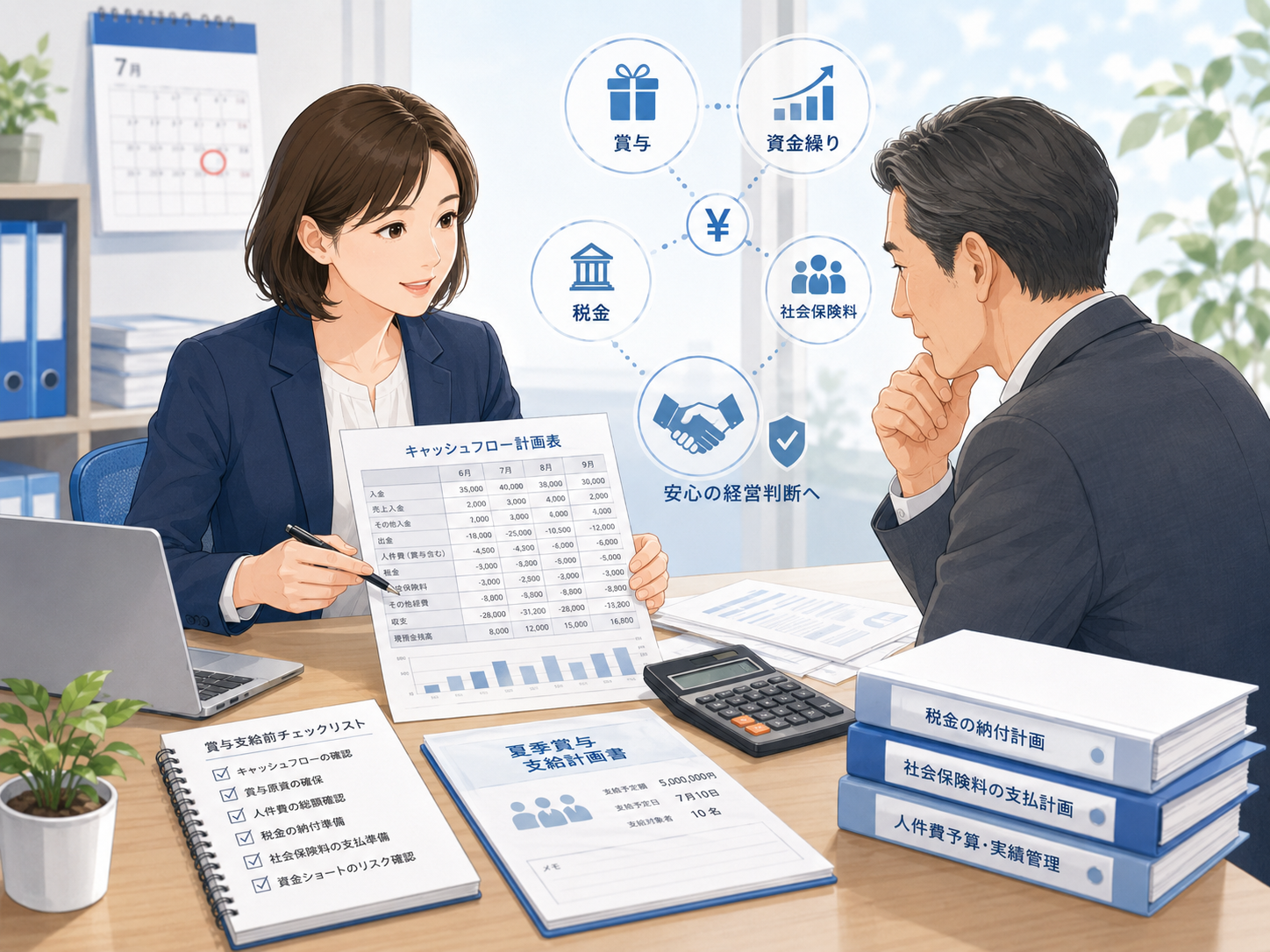 中小企業の経営者と経理担当者が、夏季賞与の支給額・資金繰り表・税金や社会保険料の支払い予定を確認しているビジネスイラスト