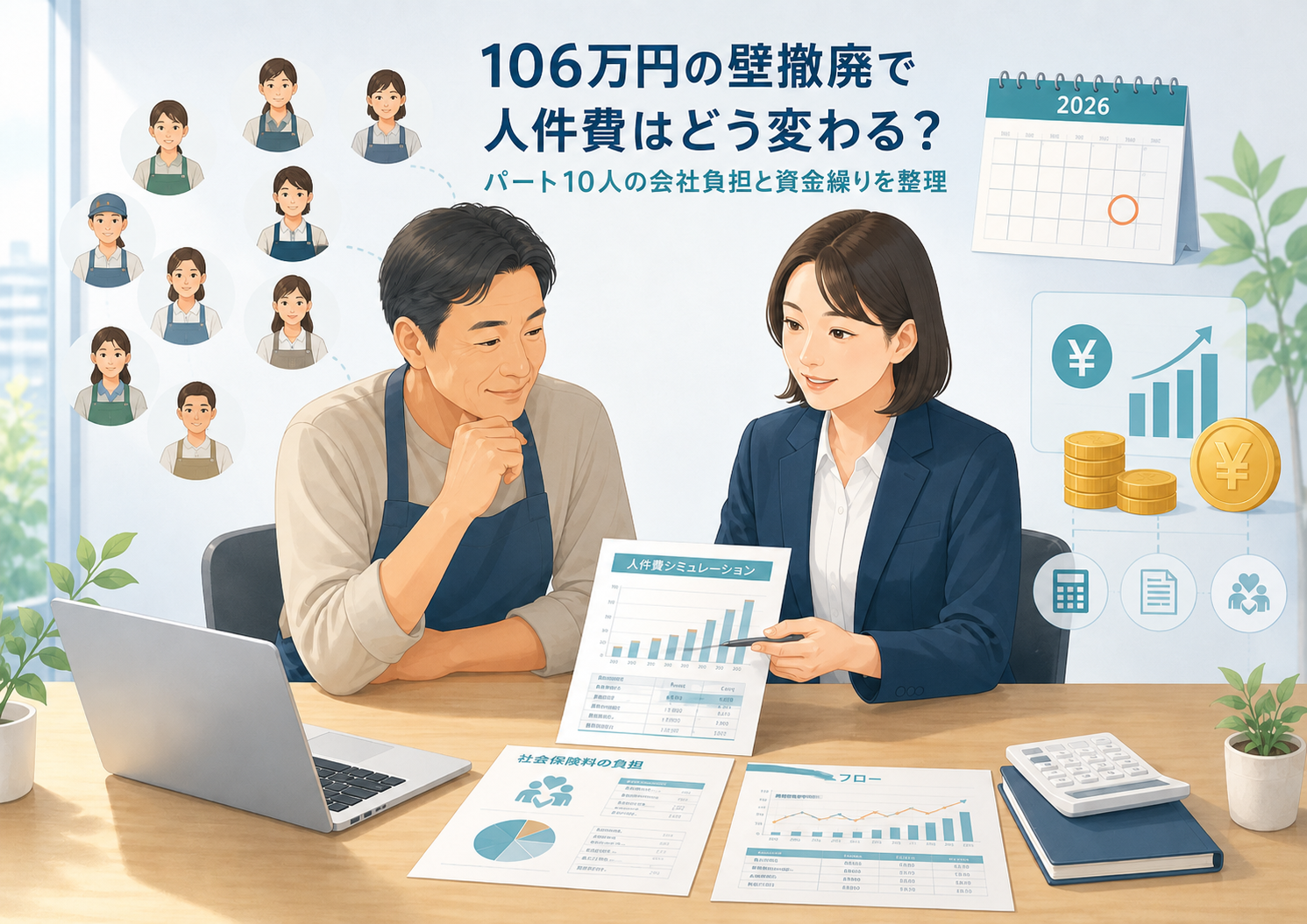 中小企業の経営者と専門家が、パート10人の人件費・社会保険料・資金繰りを表やグラフで確認している落ち着いたビジネスイラスト。