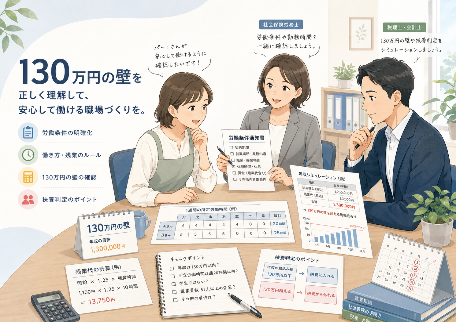 中小企業の経営者と社労士・税務会計の専門家が、パート従業員の労働条件通知書・勤務時間・扶養判定を表で確認している落ち着いたビジネスイラスト