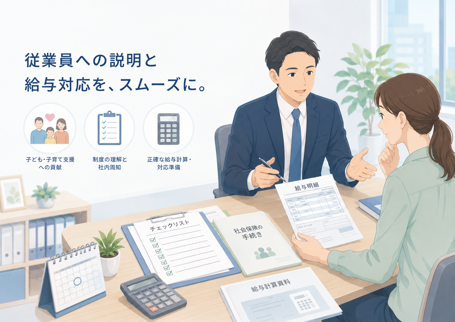 中小企業の経理担当者と専門家が、給与明細・社会保険料・子ども子育て支援金の項目を確認している落ち着いたビジネスイラスト。