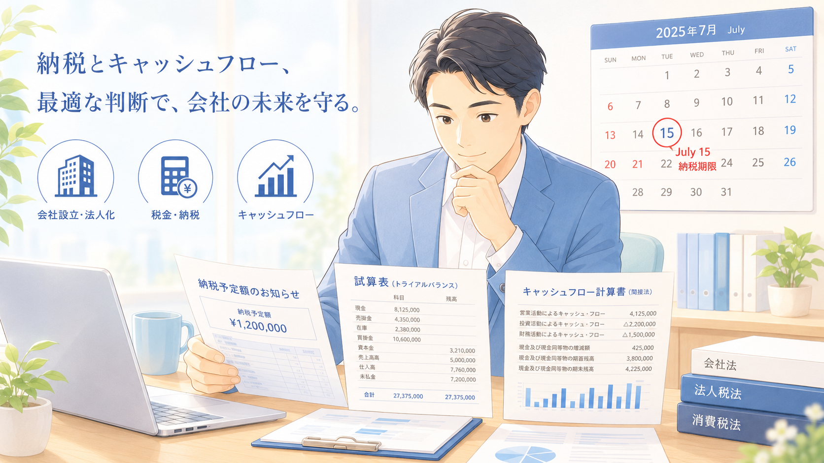中小企業の経営者がデスクで予定納税通知書と試算表、資金繰り表を見比べながら判断しているビジネスシーン。