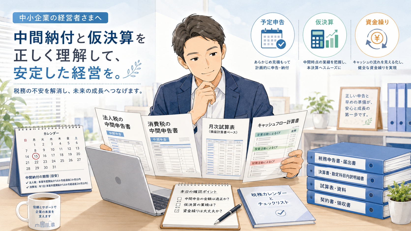 中小企業の経営者が明るいオフィスで、法人税の中間申告書、消費税の中間申告書、月次試算表、資金繰り表を見比べながら、仮決算を検討している人間風の優しいイラスト。
