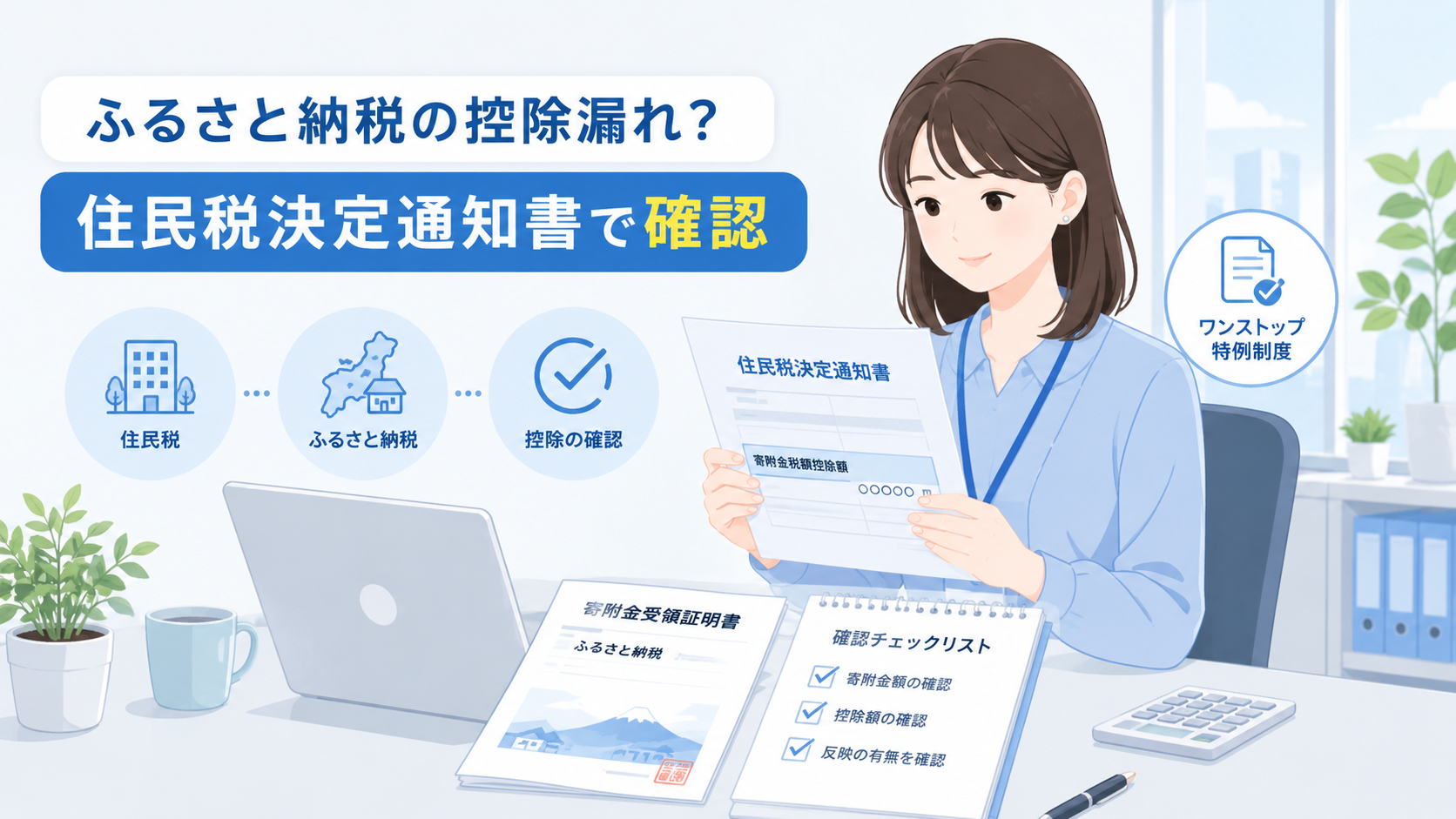 住民税決定通知書とふるさと納税の控除確認をテーマにした、今風のビジネス向けフラットイラスト。会社の経理担当者または従業員が、住民税決定通知書、寄附金受領証明書、ノートPC、チェックリストを見ながら確認している場面
